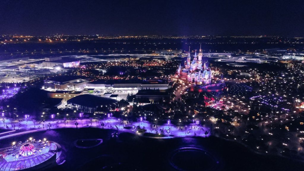 aerial view of Disneyland illuminated at night USA