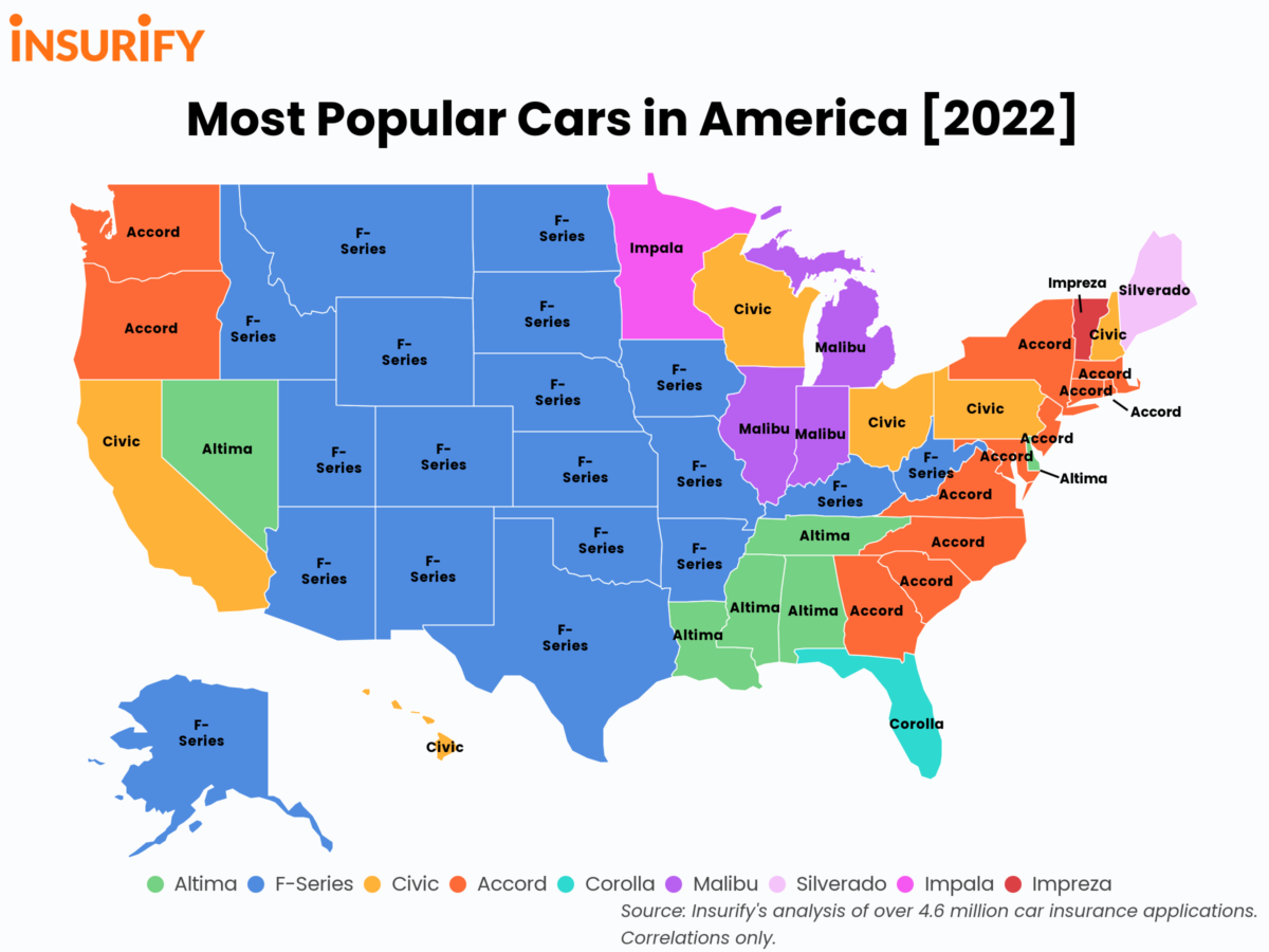 Map of the United States showing the most popular vehicle in each state.
