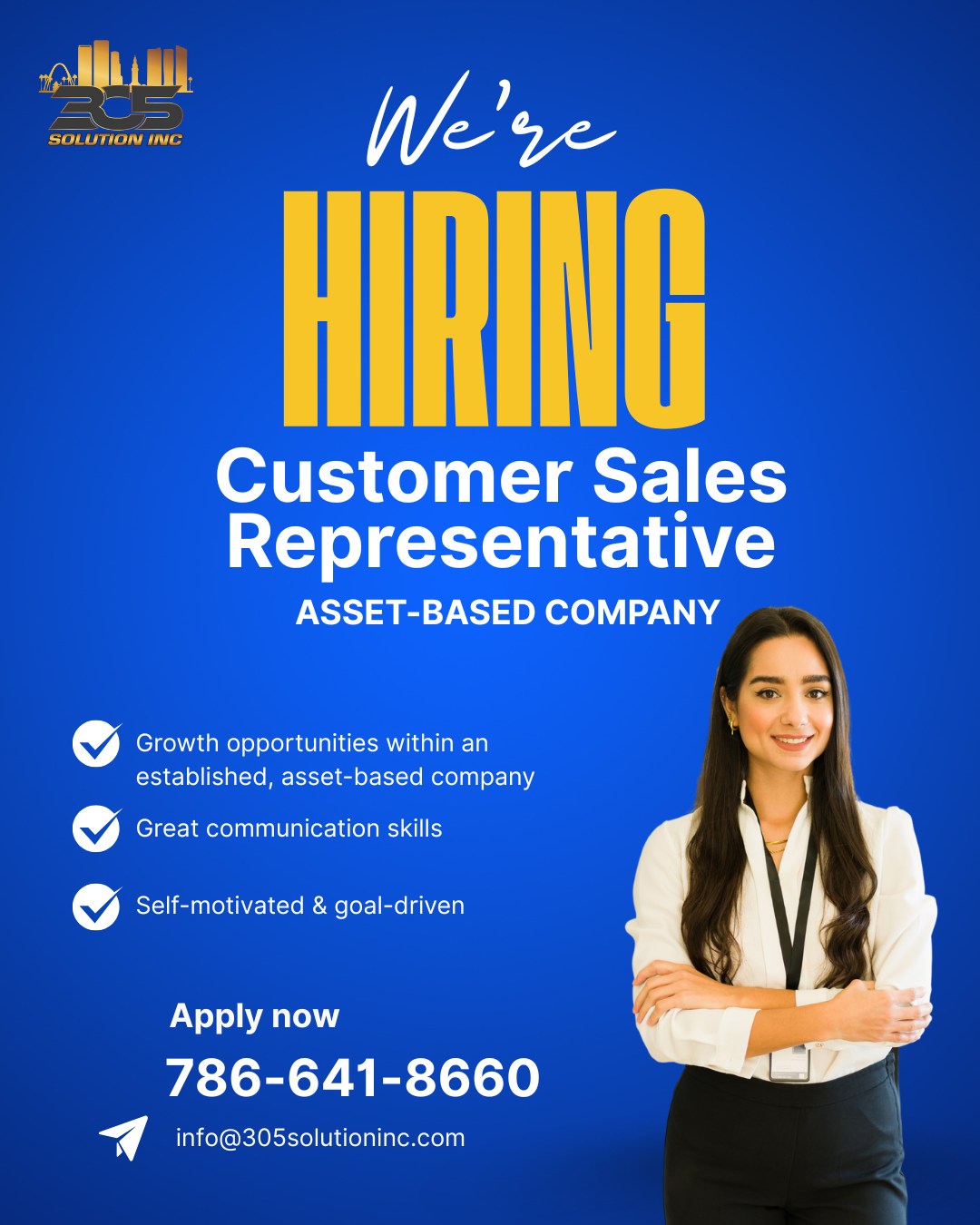 305 Solution Inc is hiring s a Customer Sales Representative