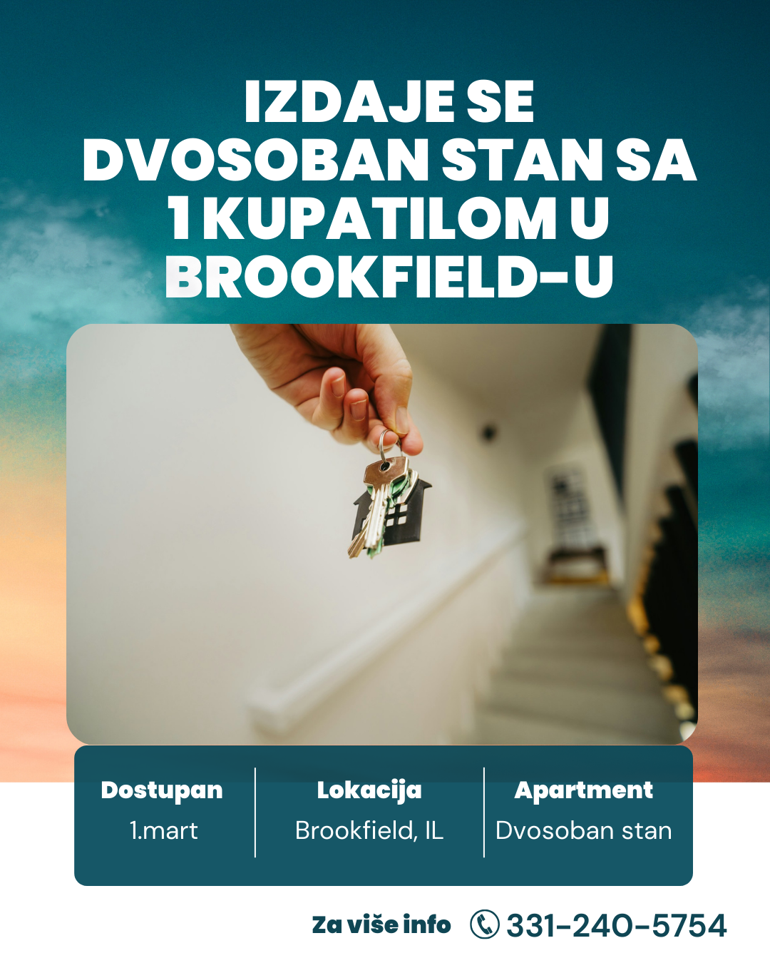 Izdaje se dvosoban stan u Brookfield-u od 1. marta